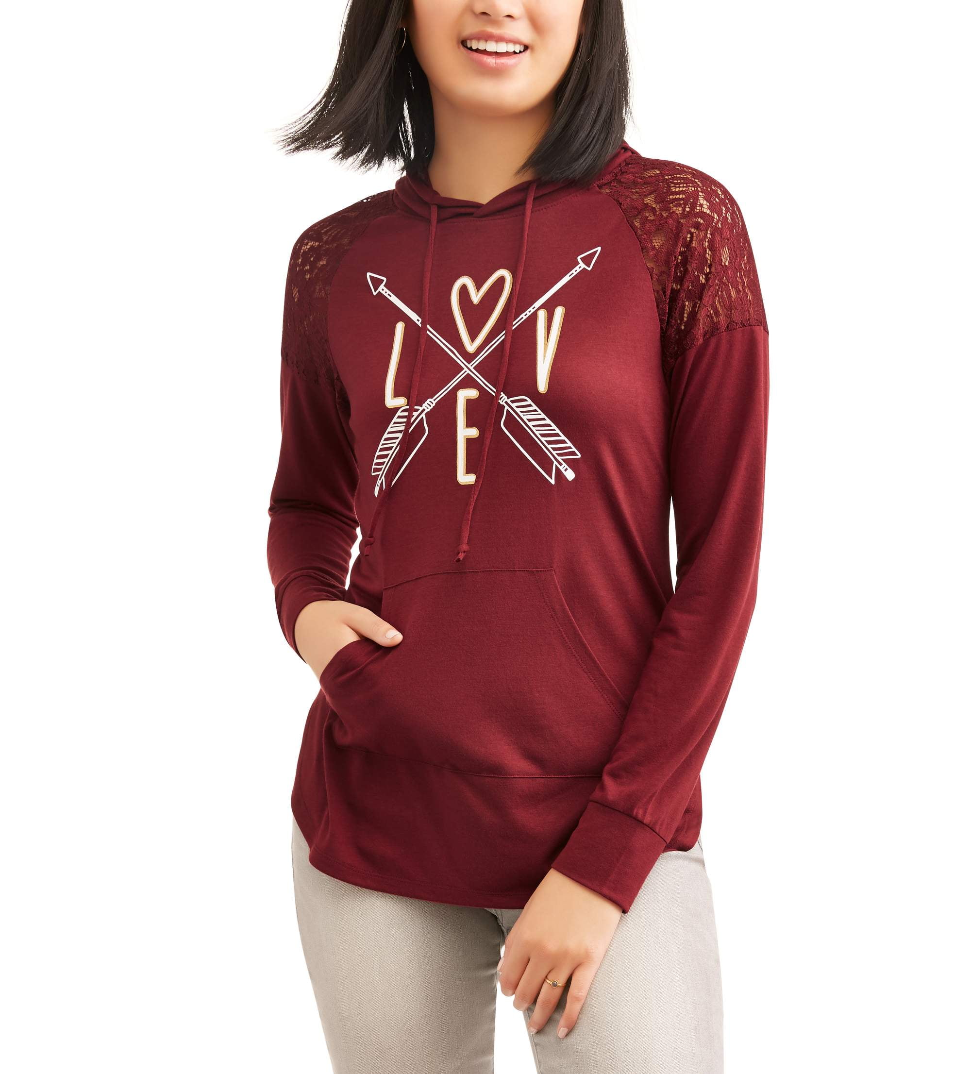 Contrast Lace Long Sleeve Graphic Pullover Hoodie