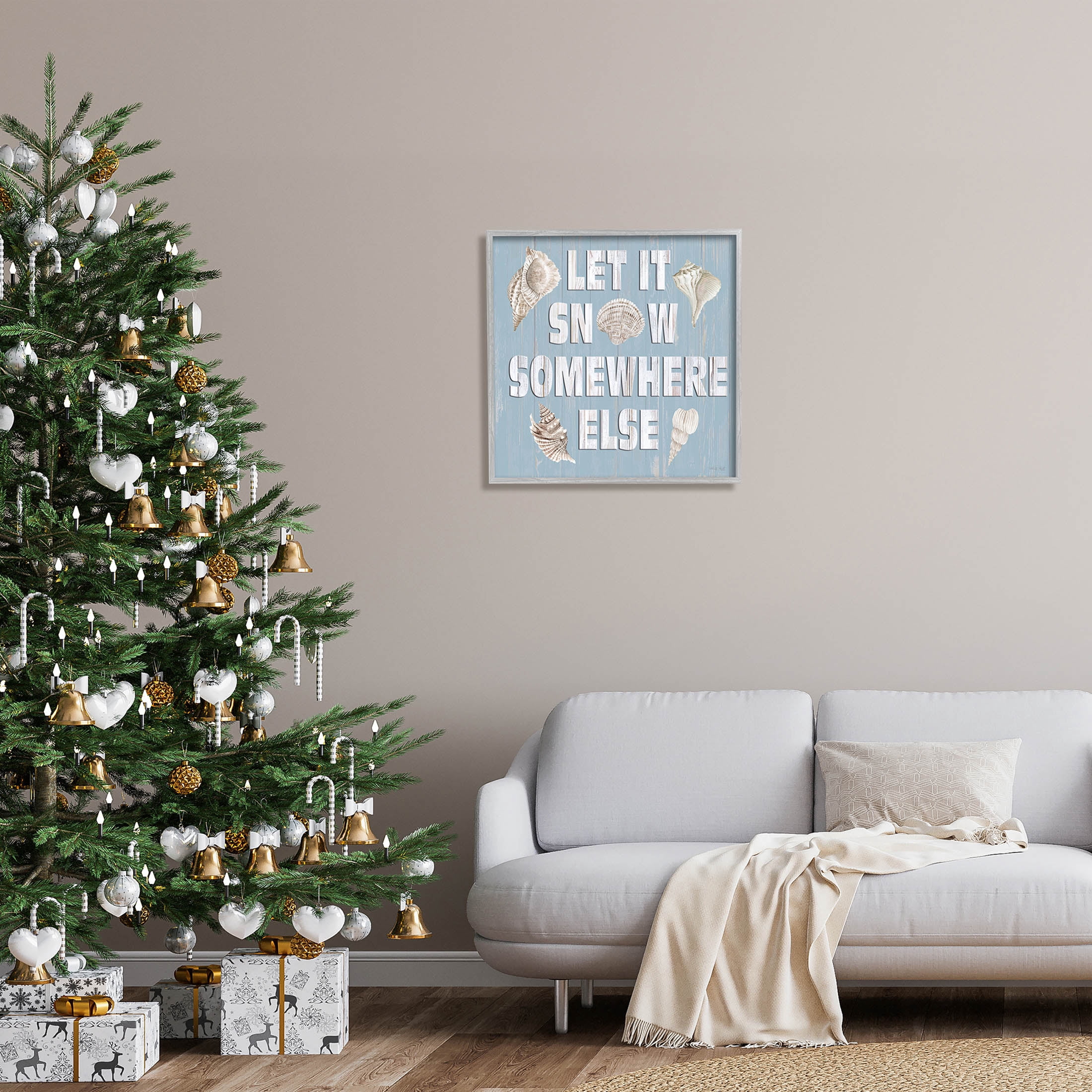 Let It Snow Somewhere Else Seashells Holiday Graphic Art Gray Framed Art Print Wall Art