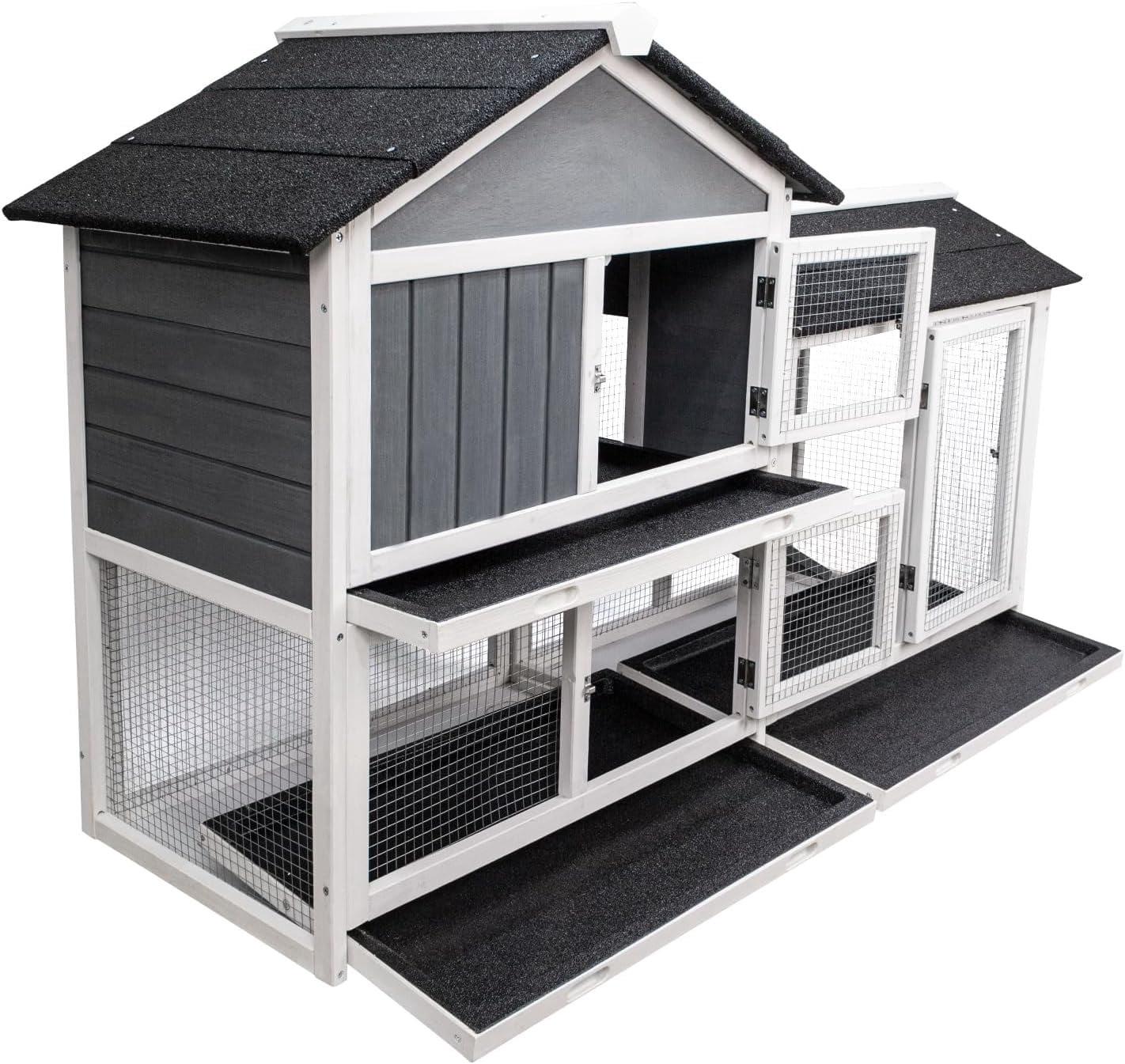 SZHLUX Upgraded 61''L Deluxe Multi-Level Rabbit Hutch with Pull Out Tray, Ramp, Lockable Doors,Wooden Small Animal House,Outdoor or Indoor,Gray+White (Gray+White)