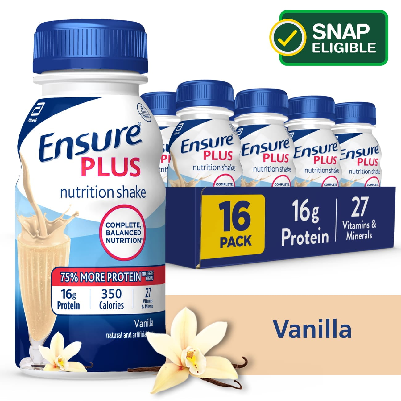 Ensure Plus Nutrition Shake, With 16 Grams of High-Quality Protein, Meal Replacement Shake, Vanilla, 8 fl oz, 16 Count