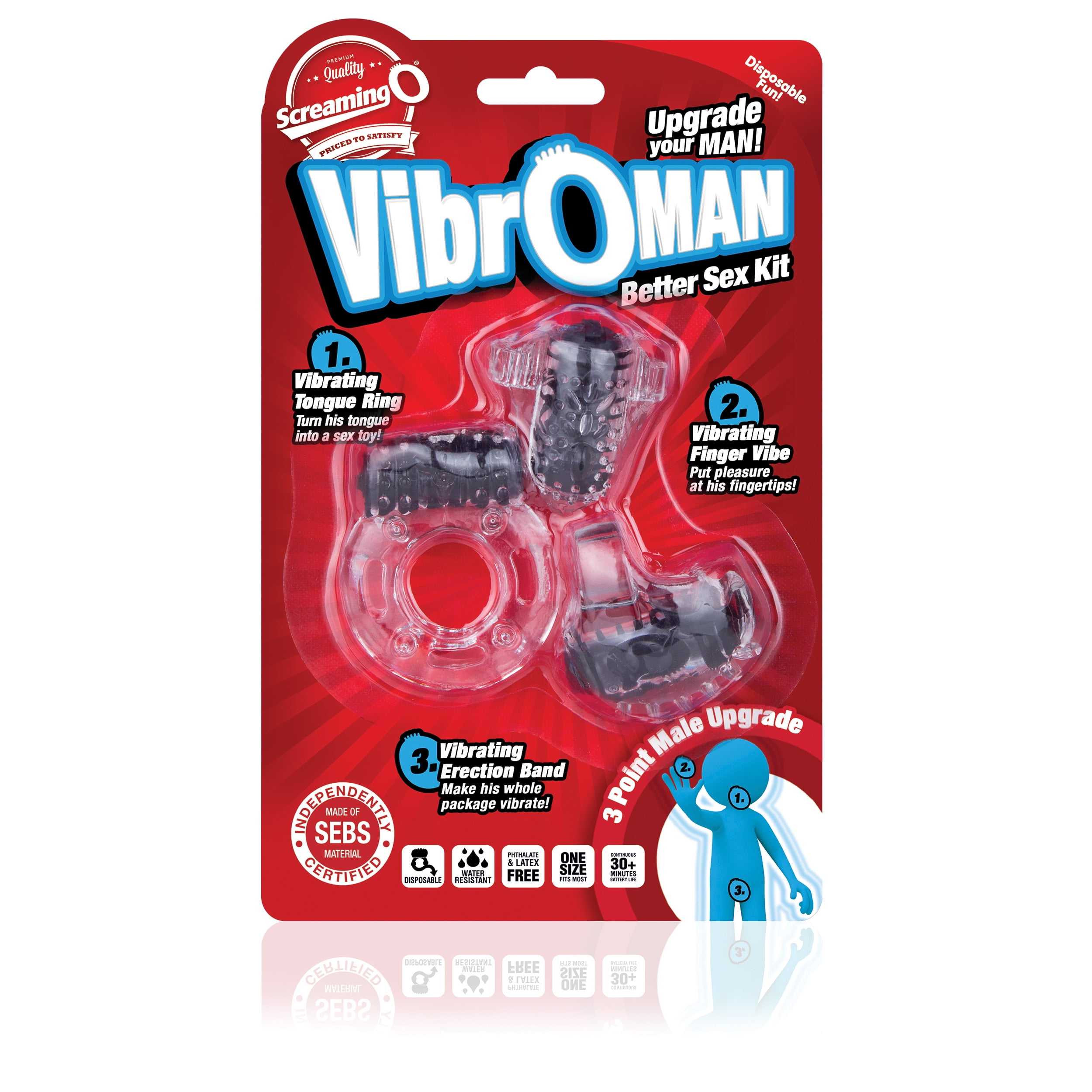 Vibroman Three Piece Couples Sex Kit by Screaming O Pleasure Products,  Includes Vibrating Tongue Ring, Finger Vibrator and Vibrating Erection Band  