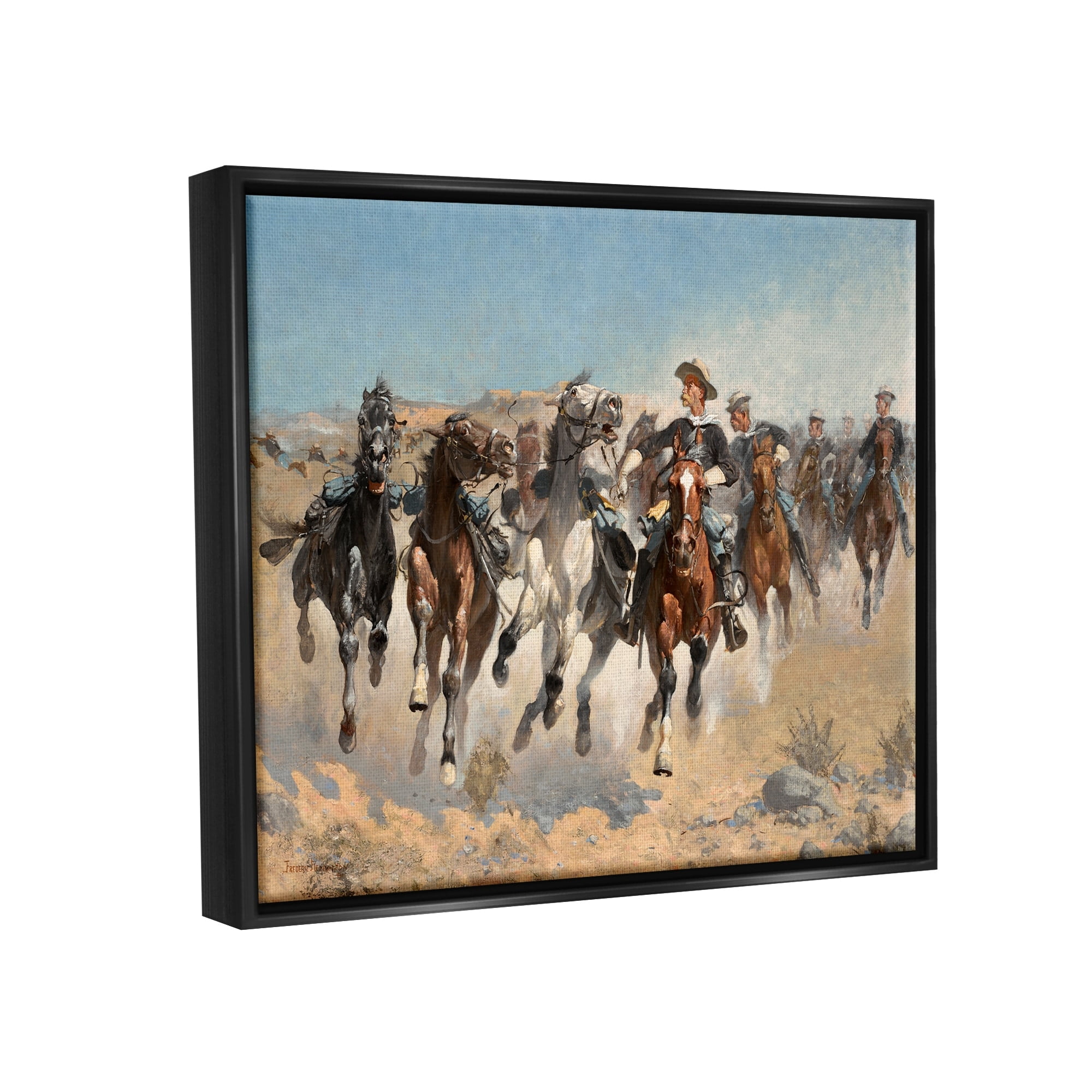 Stupell Industries Galloping Horses Herd Cowboys Trotting Desert Sand Painting Jet Black Floating Framed Canvas Print Wall Art, Design by Lettered and Lined