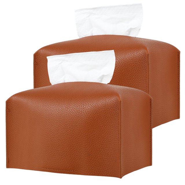 2Pcs Tissue Box Covers Rectangular PU Leather Tissue Box Holder with Bottom Belt Decorative Facial Napkin Holder Waterproof Facial Paper Organizer Foldable Tissue Case Cube for Home