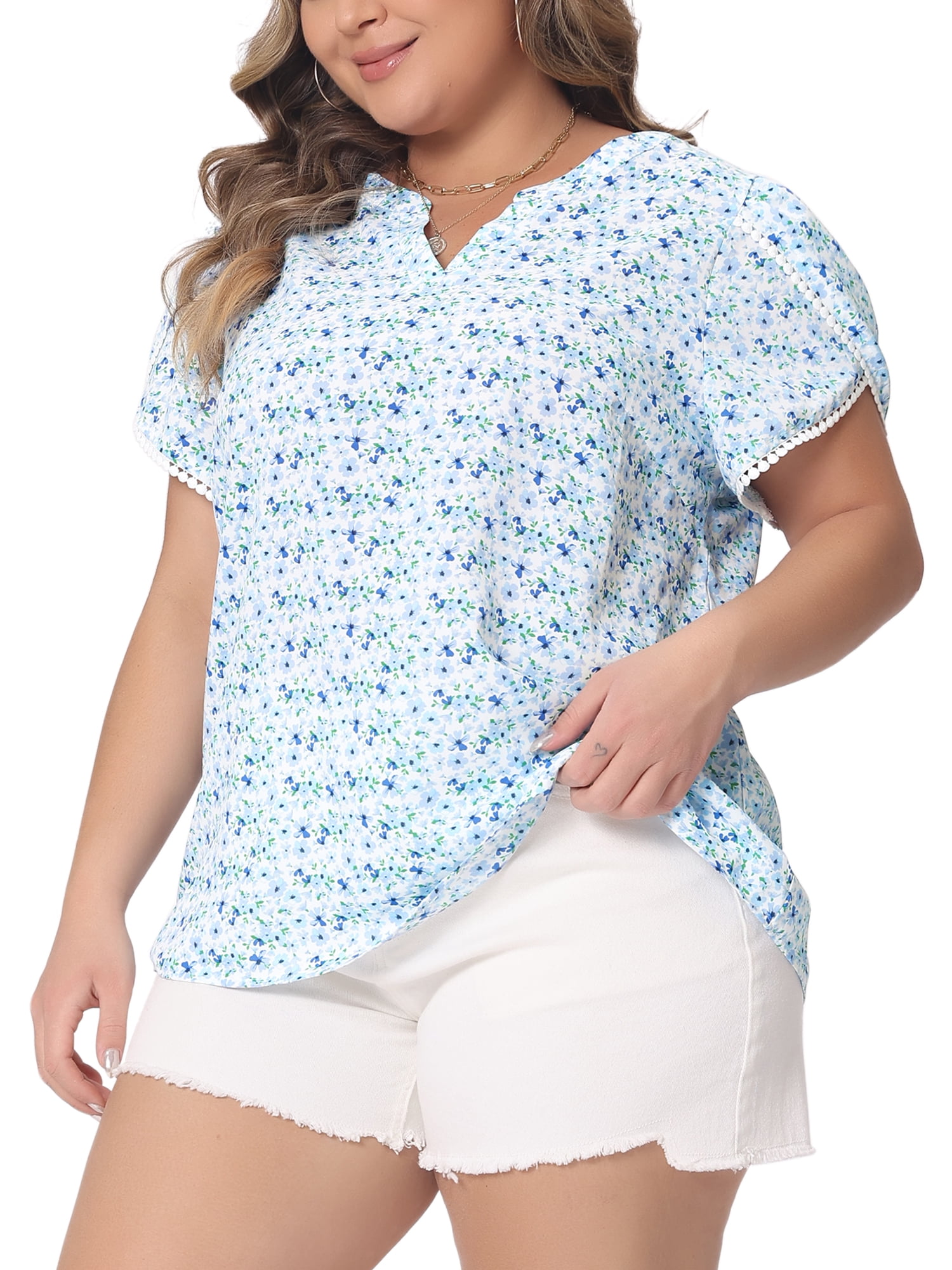 Women's Plus Tops Floral V Neck Tulip Sleeve T-Shirt Tee Summer Top 3X Blue