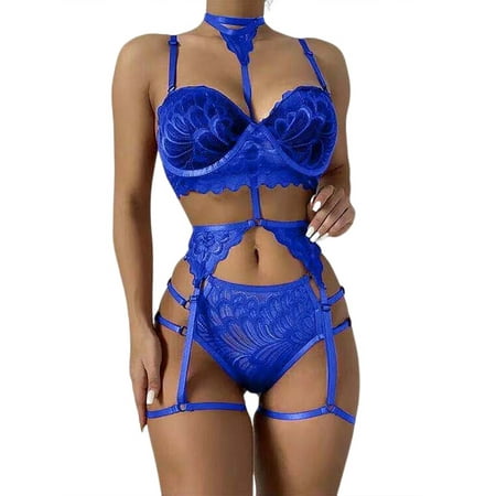 

Wrcnote Women Lingerie Set With Garter Belt Bodysuit Halter Neck Sexy Teddy Babydoll 3 Pieces Ladies Sheer See Through Mash Lace Blue L