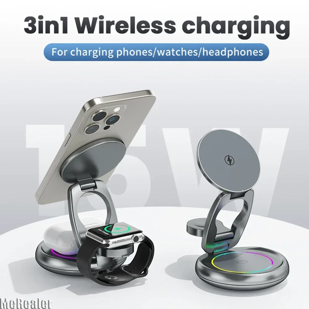 Rasdwt 3-in-1 Foldable Magnetic Wireless Charger Stand – 15W Fast Charge with Night Light & Includes 30W Adapter, Portable Charging Pad for iPhone, Apple Watch & AirPods 2/3, Home, Office, Travel