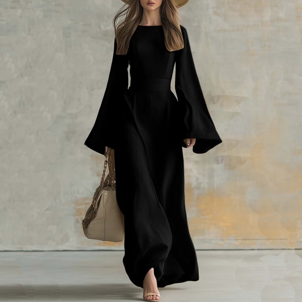 black maxi dress bell sleeves Hinvhai Women's Crew Neck Sleeve Dress, Solid Loose Straight Mid Waist Floor-Length Casual Vacation Xl(xl) 100% Polyester SCH004868_GO Amalie Black A-line Midi Size:MEDIUM