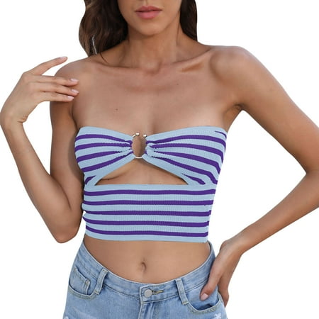 

JDEFEG Spaghetti Strap Top Women Womens Loose Fashion Bra Vest Knitted Elastic Vest Stripe Sleeveless Knitted Vest Top Crop Top Shirt Pack Sky Blue S