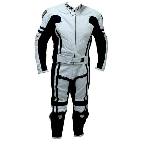 Perrini 2 PC Black & White Cowhide Motorcycle Leather Suit Metal Waist Zipper Motorbike Racing (Best Motorbike Leather Jacket)