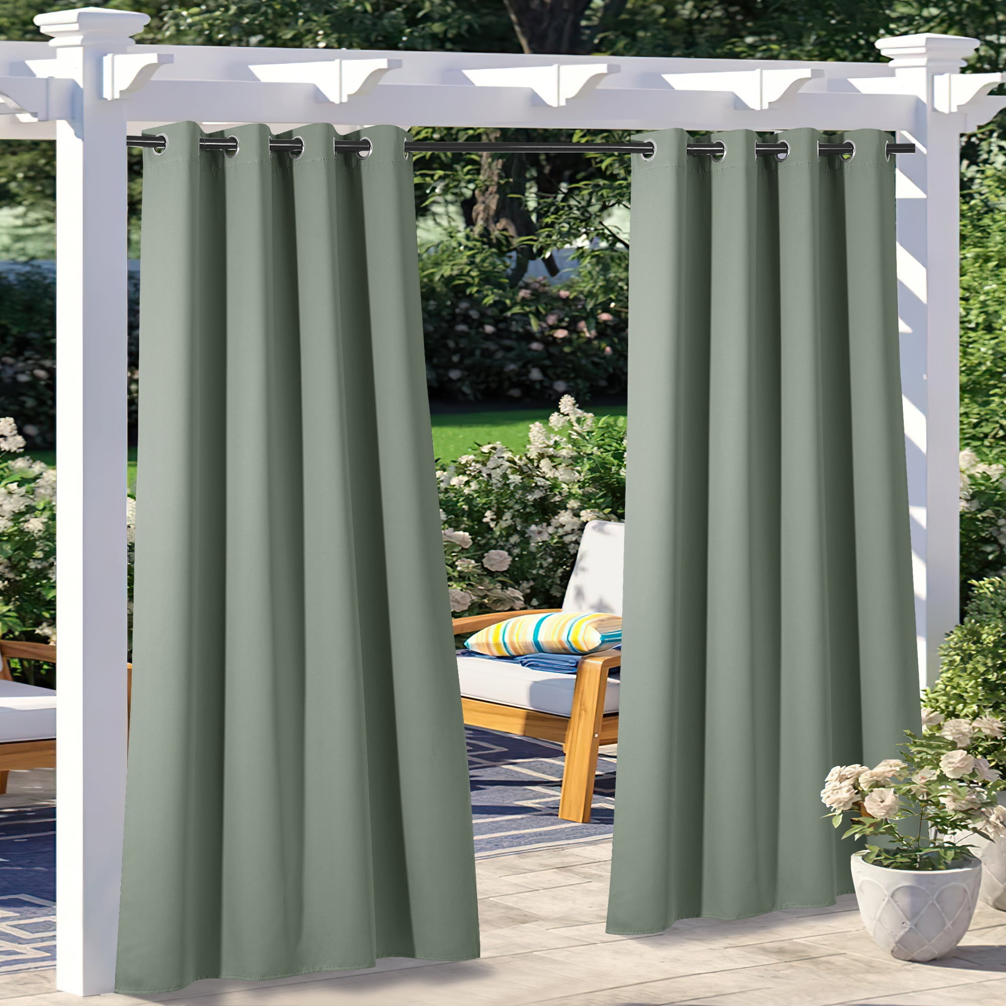NICETOWN Outdoor Waterproof Curtains for Pergola Blackout Solid Thermal Insulation Drapes, W52 x L95, Set of 2, Greyish Green