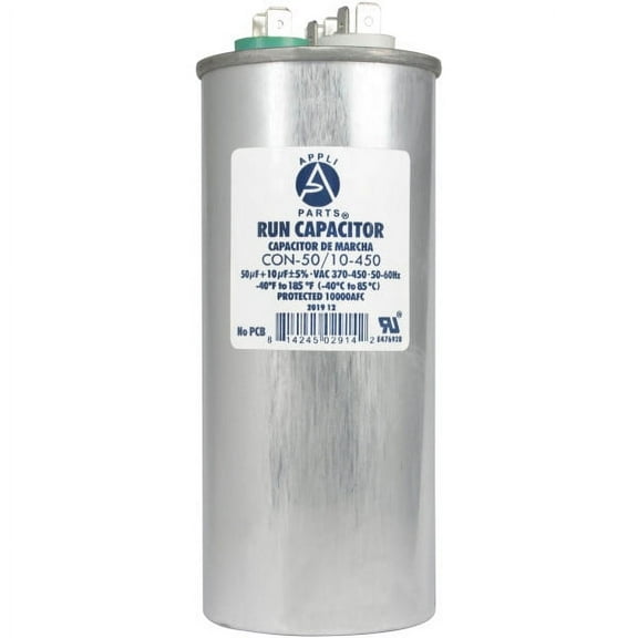 Appli Parts Dual Run Capacitor for ac 50 10 Mfd uF (microfarads) 370VAC or 450VAC CBB65 Round Universal fit for hvac and other applications 5-5/8 in High 2-1/8 in Wide CON-50/10-450