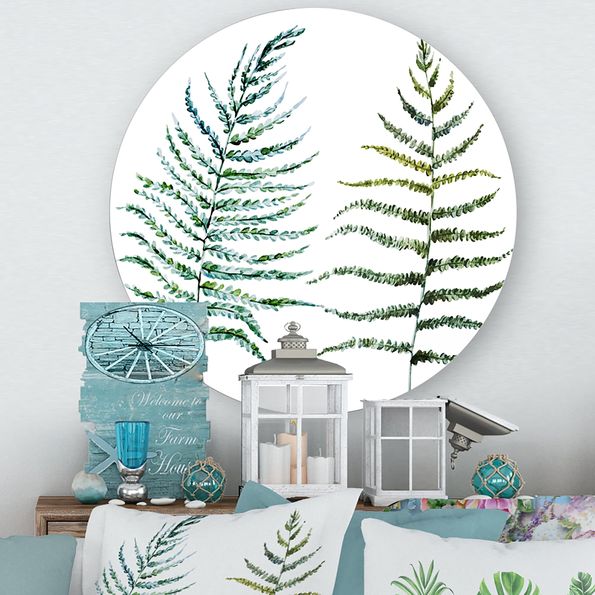 Designart 'Two Fern Leaves On White' Farmhouse Circle Metal Wall Art 23x23 - Disc of 23