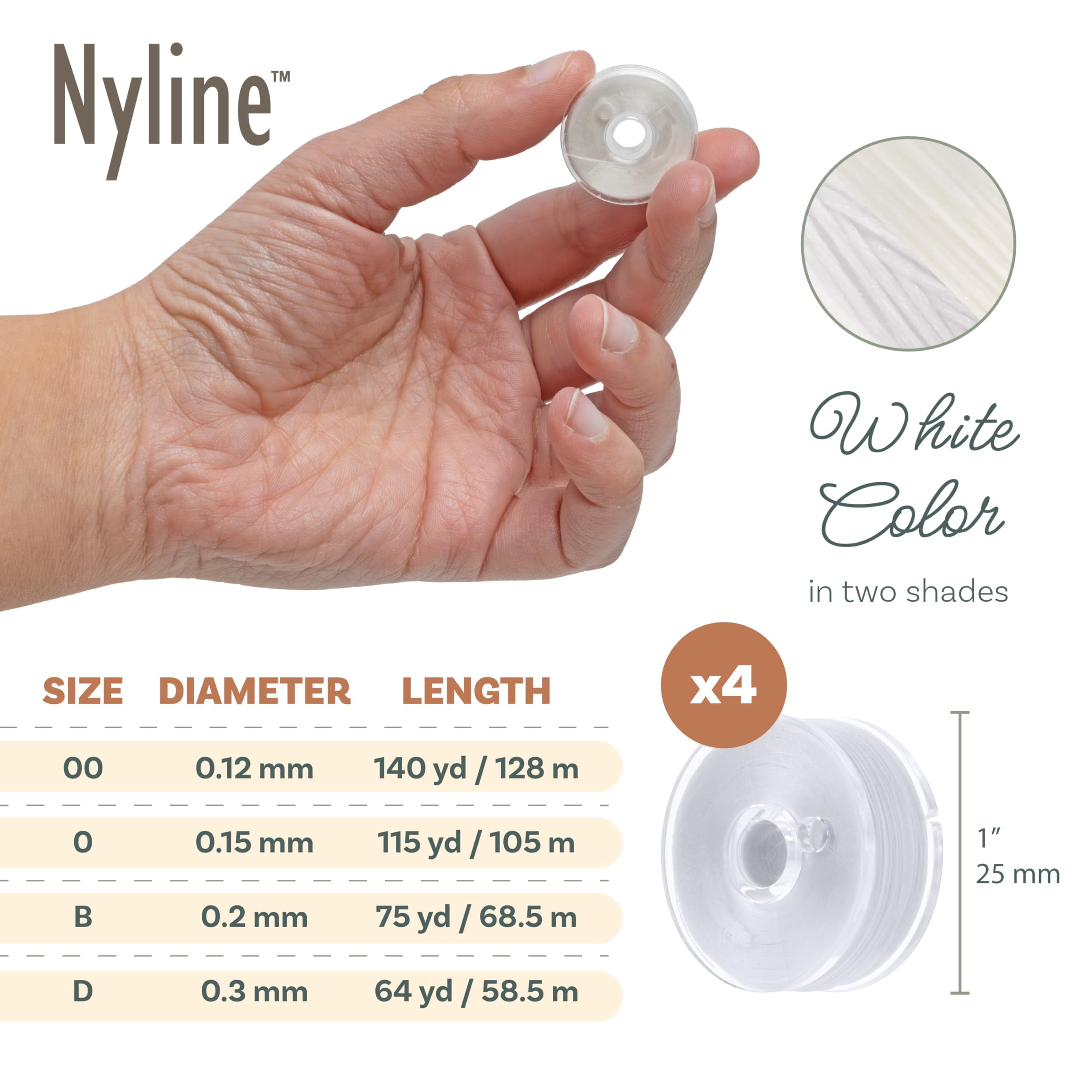The Beadsmith Nyline Nylon Beading Thread - Assortment Pack, Sizes 00,0, B & D, White, Four Spools