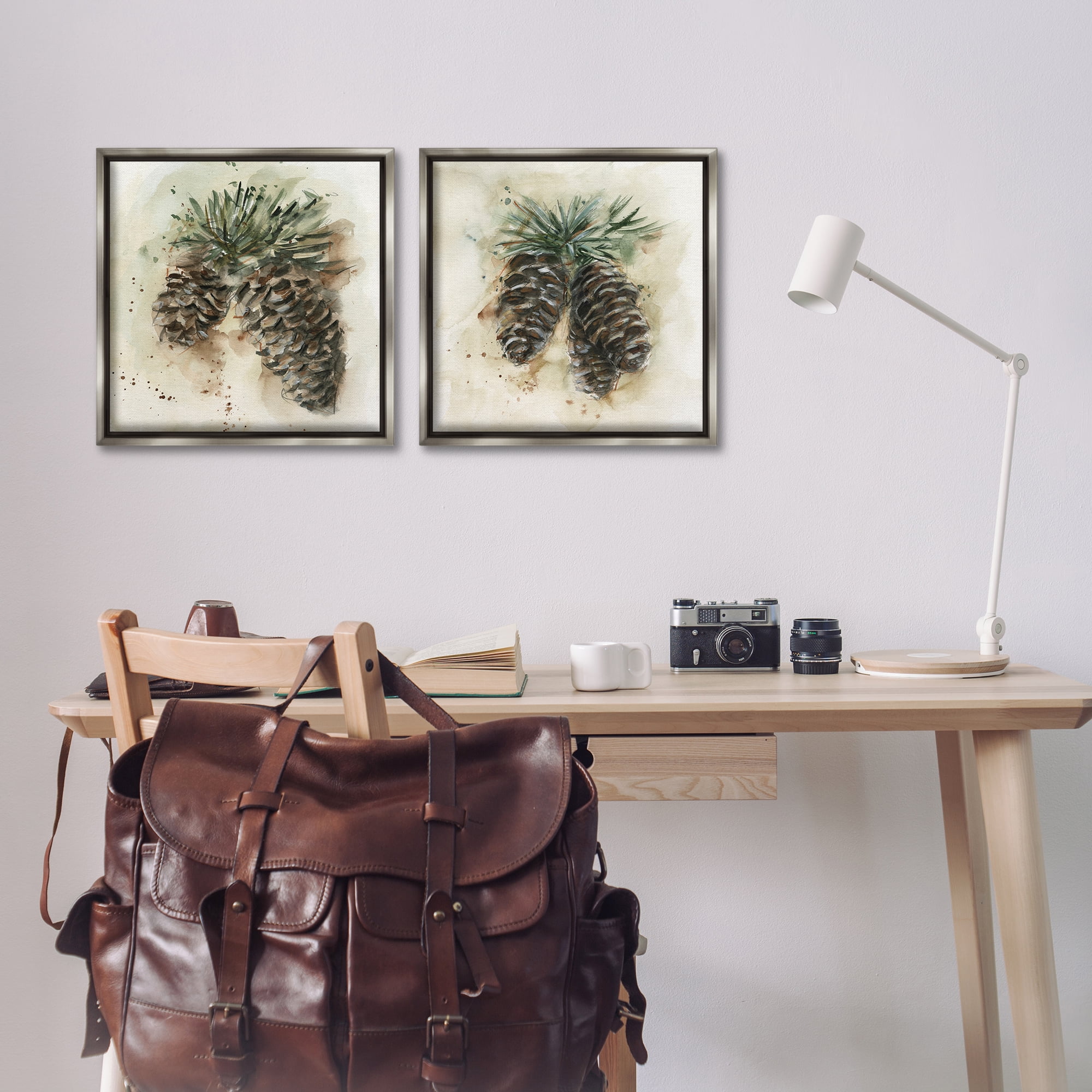 Stupell Industries Watercolor Drawing Pine Cones Plants & Flowers Painting Gray Floater Framed Canvas Art Print Wall Art, 18 x 18, Set of 2
