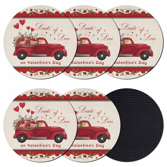 Valentine's Day Coasters Set of 6, Absorbent Coasters for Drinks, Red Truck Love Heart Roses Romantic Rustic Coaster for Desk Coffee Table Protection, Home Decor House Warming Gifts 4"