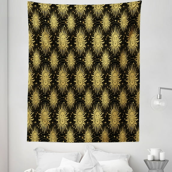 Boho Tapestry, Bohemian Occult Sun Motif with Eyes Shut Face Esoteric Concept Vintage Look, Fabric Wall Hanging Decor for Bedroom Living Room Dorm, 5 Sizes, Dark Mustard Black, by Ambesonne