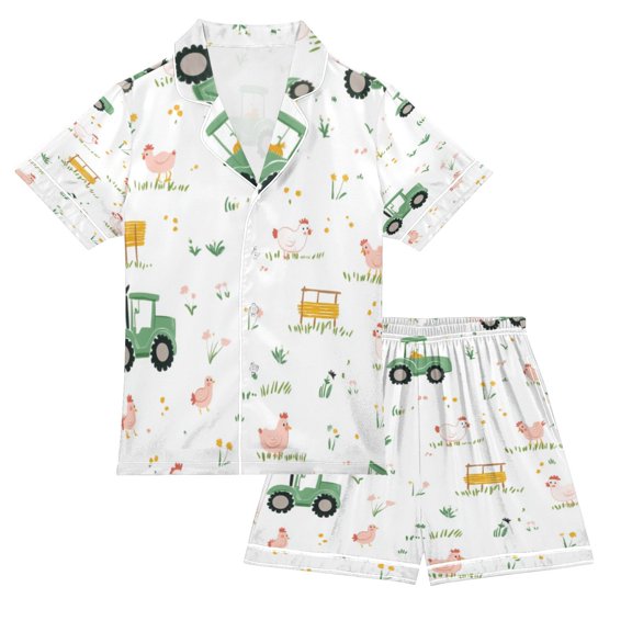 Silky Satin Kids' Pajama Set Breathable & Smooth Unisex Button-Down Pajamas Cute Farmyard Pattern
