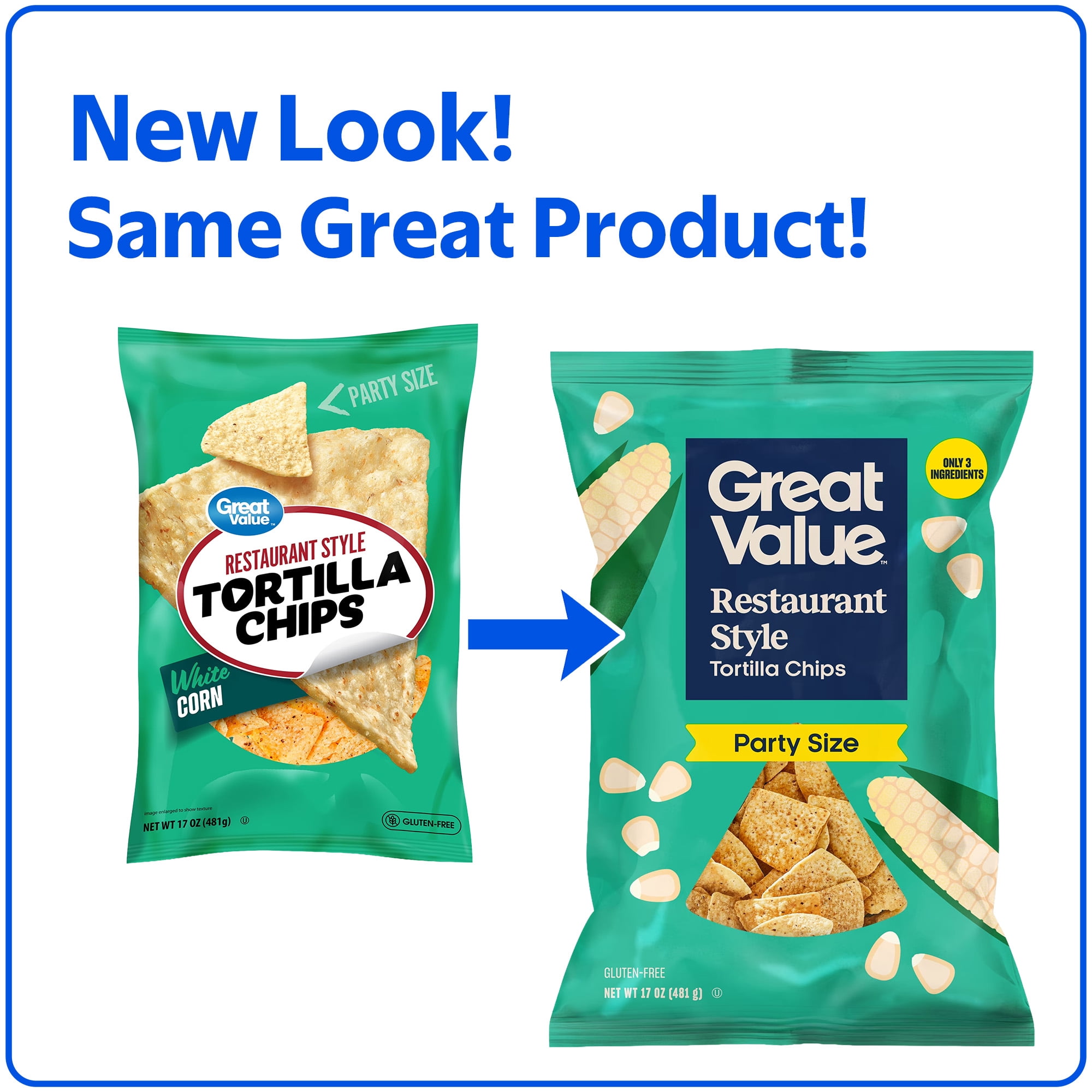 (3 pack) Great Value Restaurant Style Tortilla Chips Party Size, 17 oz