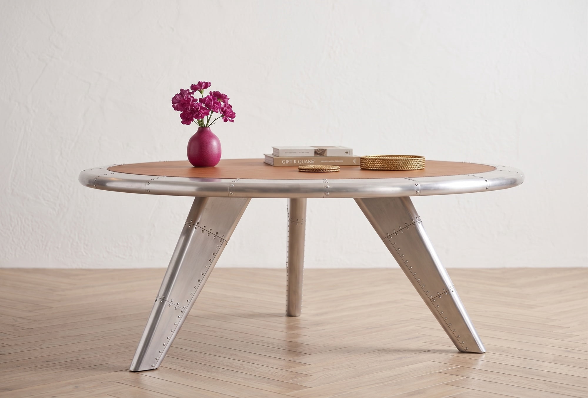 Aviator Round Coffee Table Industrial Aluminum & Leather Accent Center Table with Exposed Rivet Detail
