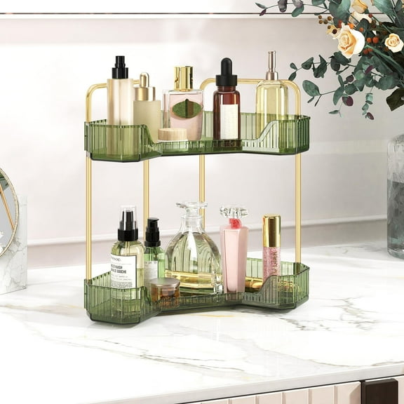 STAOEDU 2-Tier Corner Bathroom Counter Organizer, Multi-Purpose Makeup Organizer Countertop, Large Skincare Organizers, Exquisite Vanity Organizer(2 Tiers, Green)