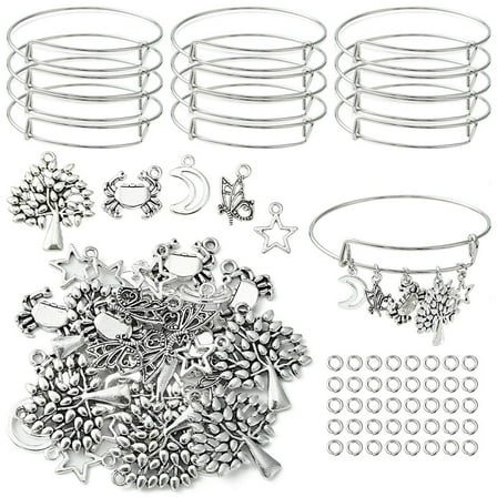1 bag DIY Charm Bangle Making Kit Including Adjustable Iron Expandable Bangle Making Alloy Charms Star Crab Butterfly Tree Platinum 90pcs/bag