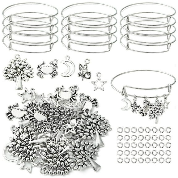 DIY Charm Bangle Making Kit Including Adjustable Iron Expandable Bangle Making Alloy Charms Star Crab Butterfly Tree Platinum 90pcs/bag