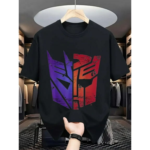 Black T-Shirt with Red & Blue Transformers Logo - Casual Cotton Tee for Men, Abstract Art Design, Perfect for Summer Outfits, Machine Washable, Leisure Clothing | Modern Casualwear