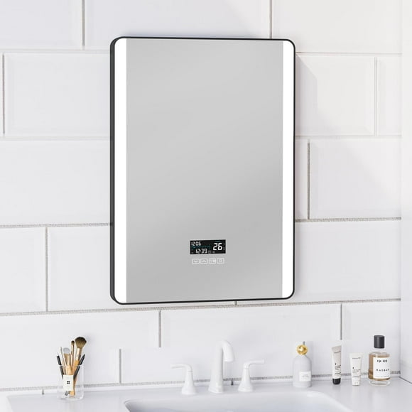 Miroir à DEL Ecoway Luna, Miroir de salle de bain éclairé monté au mur avec haut-parleur Bluetooth, anti-buée et horloge