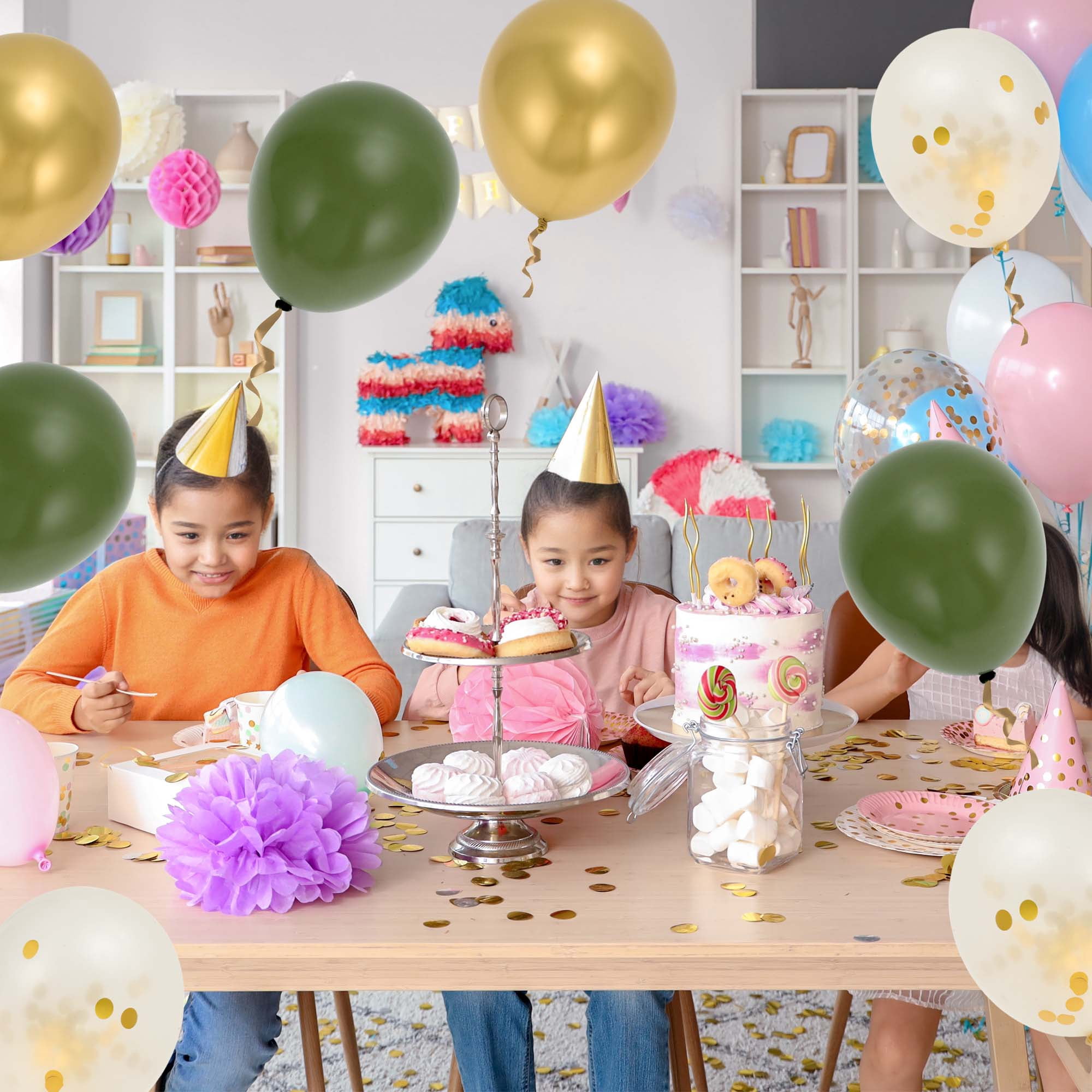 Unique Bargains Latex Party Balloons with Ribbon Green White Gold 12Inch 60Pcs
