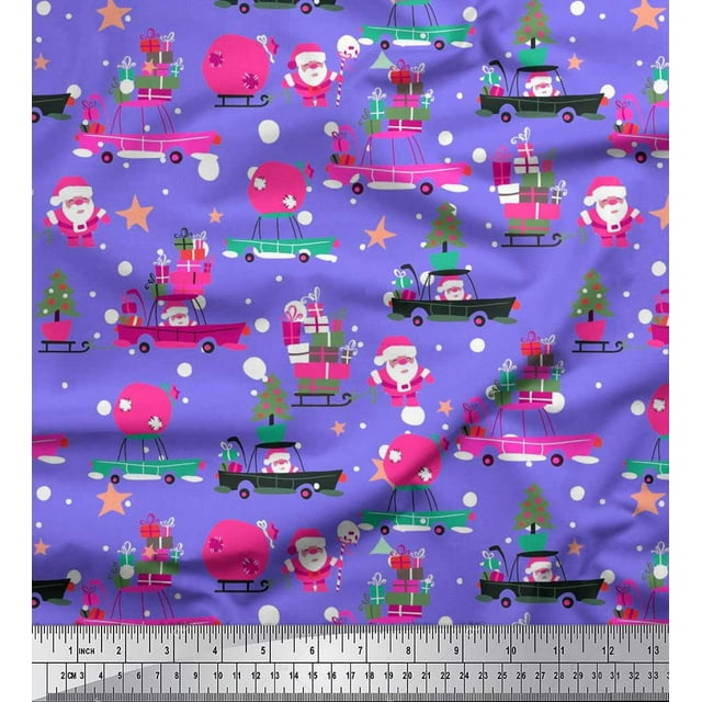 Soimoi Poly Georgette Fabric Gift Box,Car & Santa Christmas Print Sewing Fabric Yard 52 Inch Wide