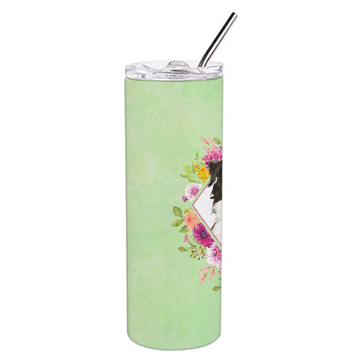 Bernese Mountain Dog Green Flowers Double Walled Stainless Steel 20 oz Skinny Tumbler