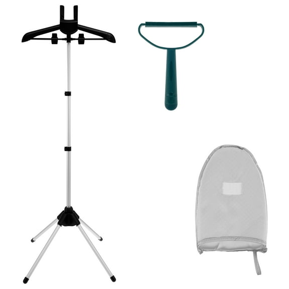 Clothes Steamer Stand with Ironing Gloves and Hair Remover Height Adjustable Clothes Steamer Rack Foldable Garment Steamer Stand Portable Steamer Hanger Stand for Steaming Pants Jeans Skirts