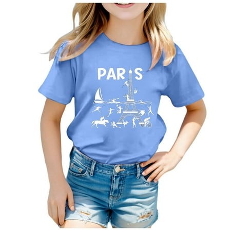 

Girl s T-Shirts 2024 France Theme Fashion Part Print Short Sleeve Round Neck Fashion Casual Girls Shirts