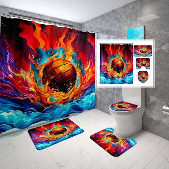 4Pcs Soccer Shower Curtain for Boys Bathroom Set - Boys Sports Shower Curtain Set with Bath Mat Toilet Lid Cover Football Shower Curtain with 12 Hooks Boys Bathroom Decor, 70" x 70"