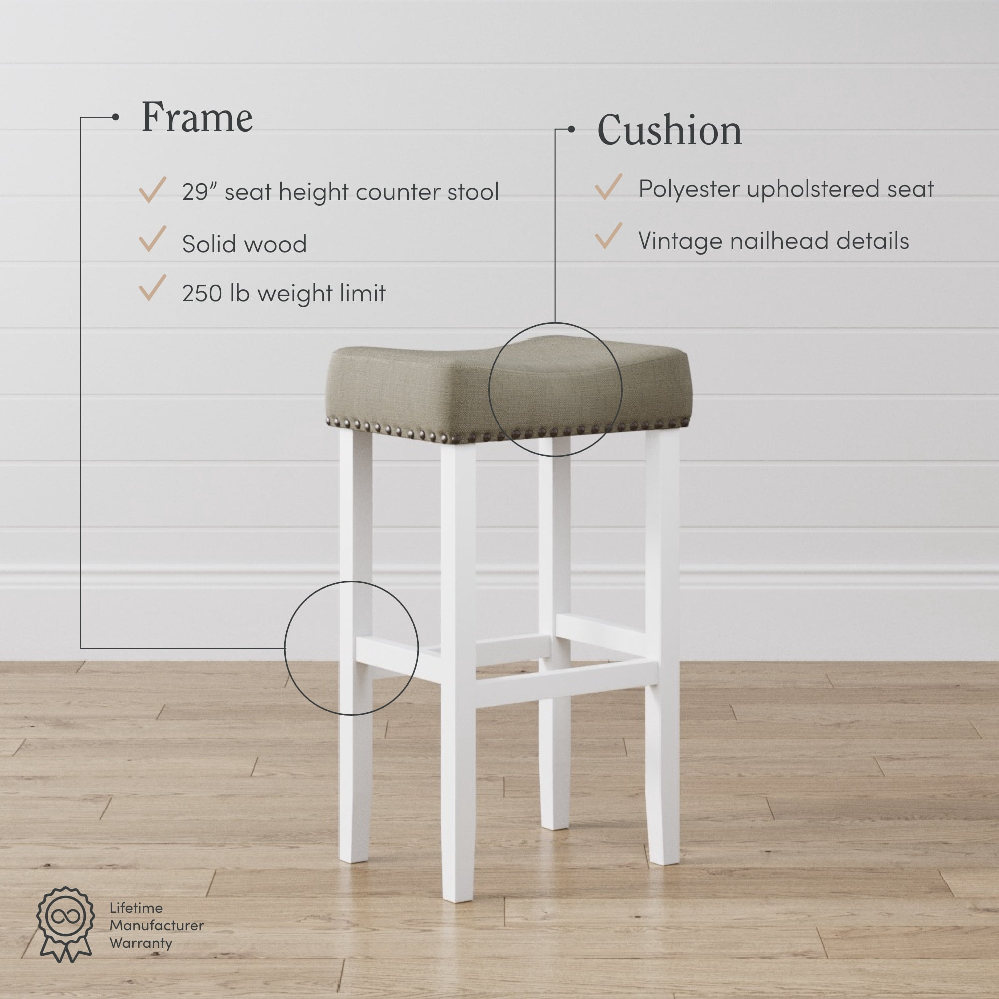 Nathan James Hylie Nailhead Wood Pub-Height Counter Bar Stool 29" Gray Fabric Cushion White Finish