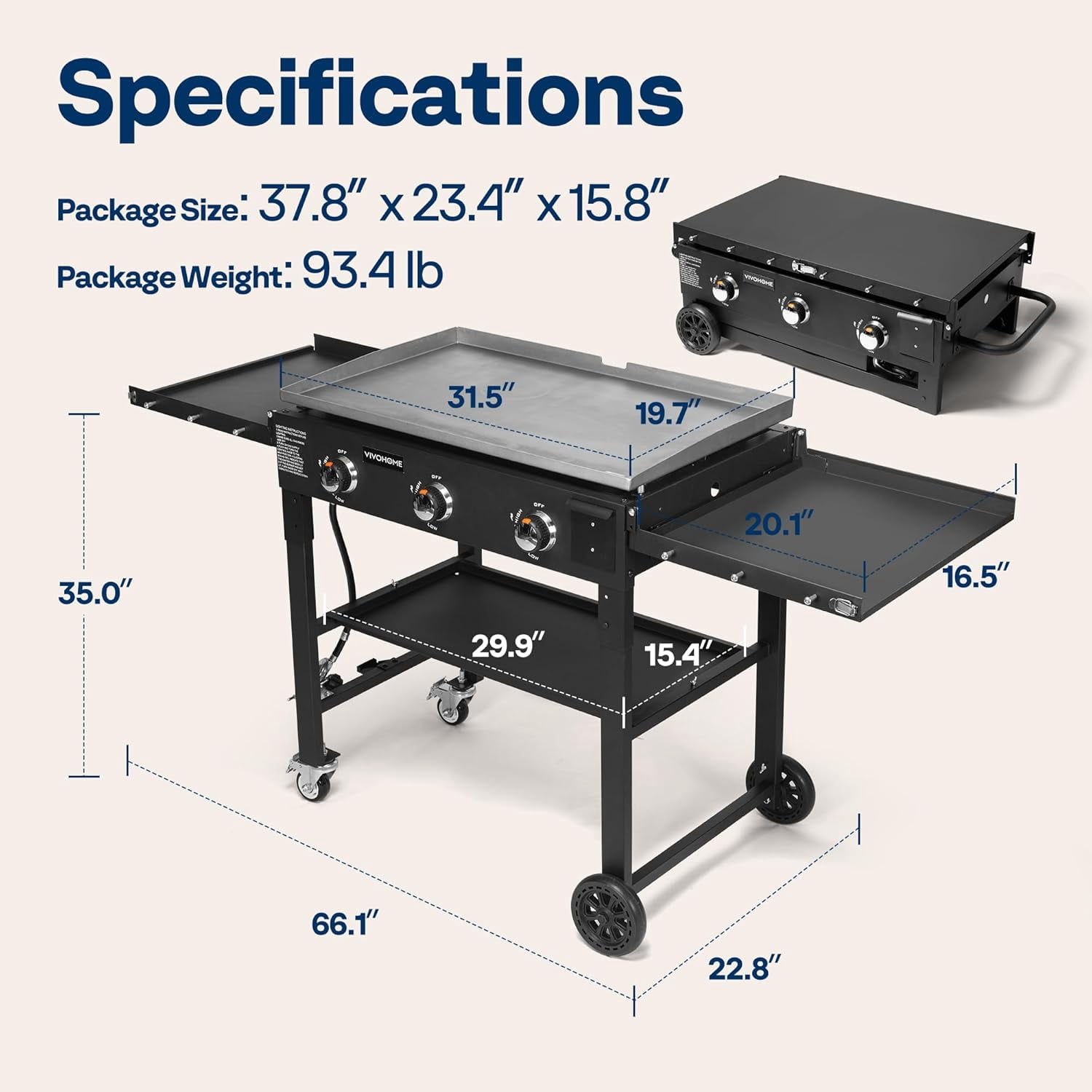 SPECSTAR 3-Burner 45,000 BTU Propane Gas Grill, Folding Flat Top Grill with Side Shelves, Picnics & Family BBQ, Heavy-Duty Rust-Resistant Griddle