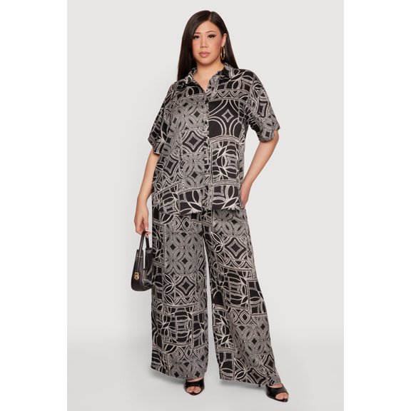 Women's Plus Size Geometric Print Wide Leg Pull On Pants
