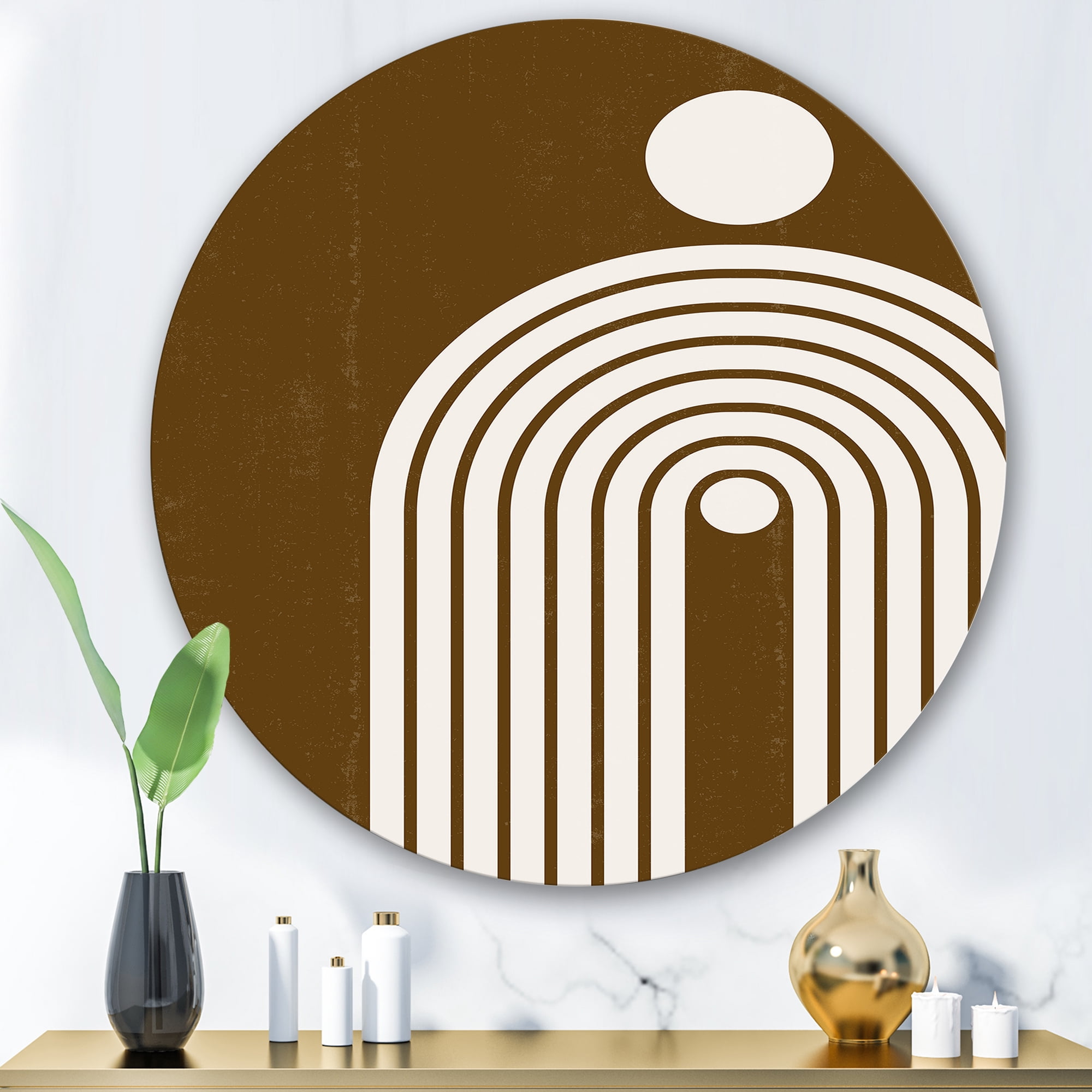 Designart 'Terracotta Minimalist Boho Rainbow With Sun' Modern Circle Metal Wall Art 36x36 - Disc of 36