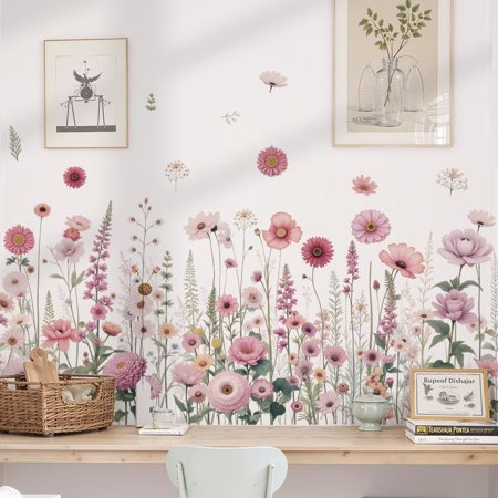 Wildflower Grass Daisy Wall Decals, Garden Floral Birds Flower Wall Stickers, Self-Adhesive Vinyl Wall Art Stickers for Girls Bedroom Living Room Nursery Decor