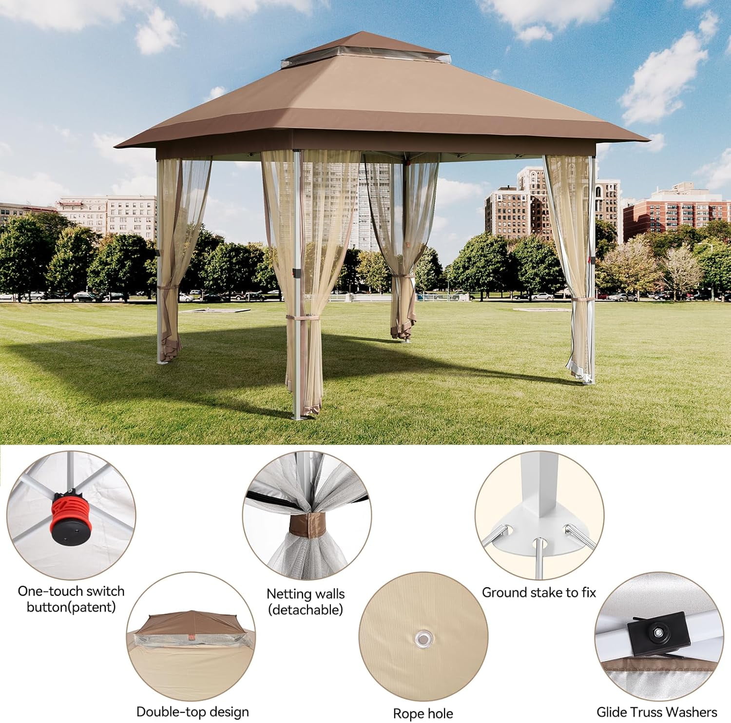 Senfot 12x12 FT Outdoor Folding Gazebo Canopy Tent with Mosquito Net Waterproof Windproof UV Resistant Khaki