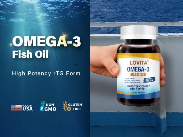 LOVITA Omega-3 Fish Oil Mini Softgels (rTG Form), High Absorption, 90% Omega-3 (EPA & DHA), Burpless, Heart, Brain & Eye Support – 120 Enteric-Coated Softgels