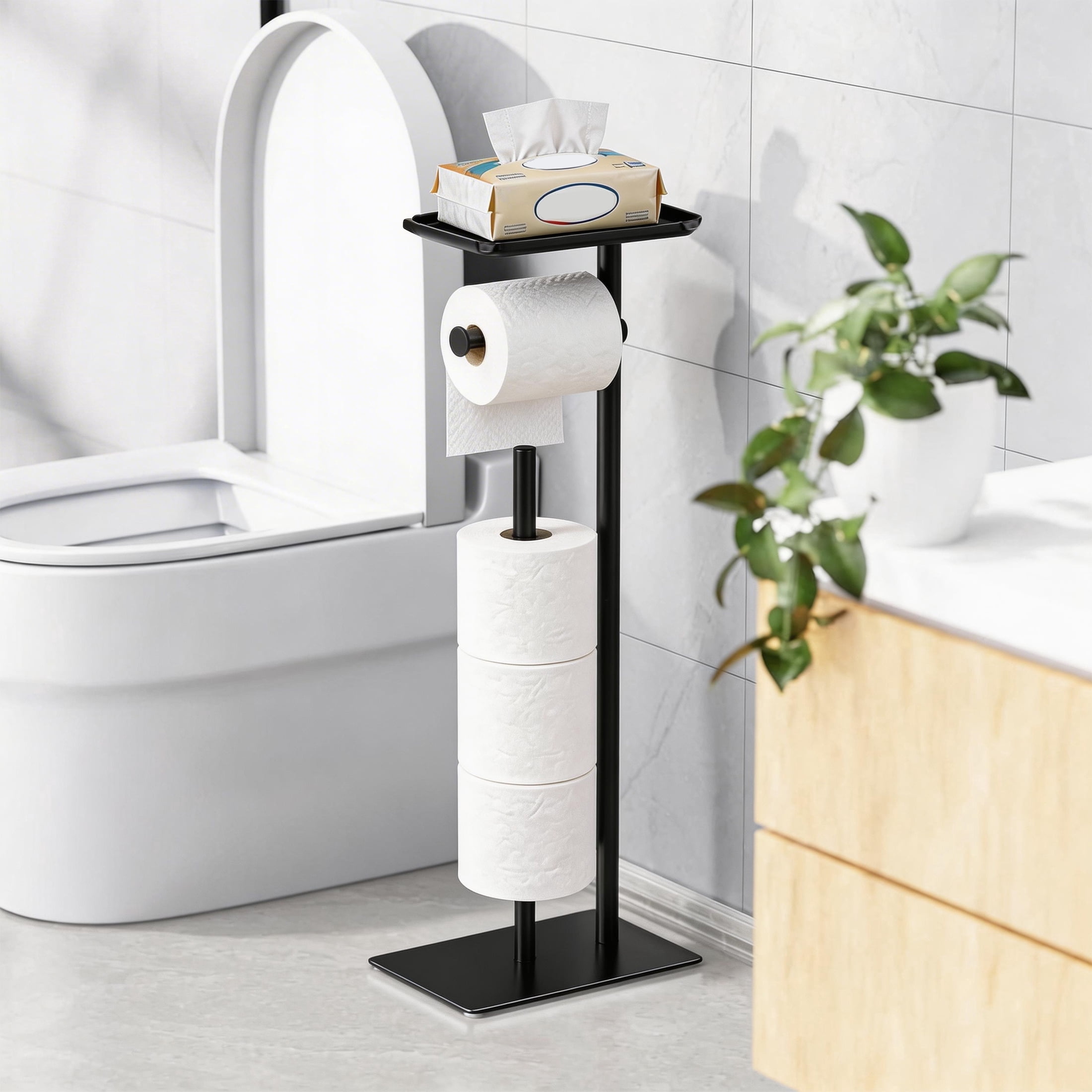 Toilet Paper Holder Stand, Toilet Paper Holder with Top Storage Shelf, Black Freestanding Toilet Paper Holder, Bathroom Storage Organizer for 4 Reserve Rolls Space-Saving