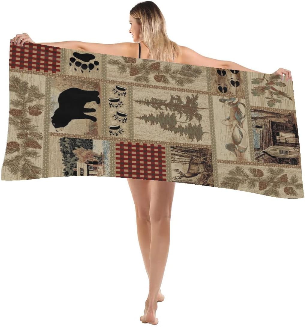 Retro Rustic Beach Towel, Moose Deer Bear Leaf Tree Country Style Farmhouse Microfiber Ultra Soft Quick Dry Highly Absorbent Bath Towels for Beach Party Outdoor Travel Swim Pool Yoga 33x52 Inch