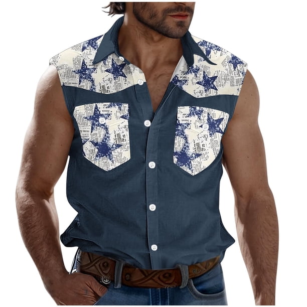 Camisas de Cuello para Hombres, Moda Casual Día de la Independencia Imprimir Turndown Bolsillos sin Mangas Tanque Deportivo