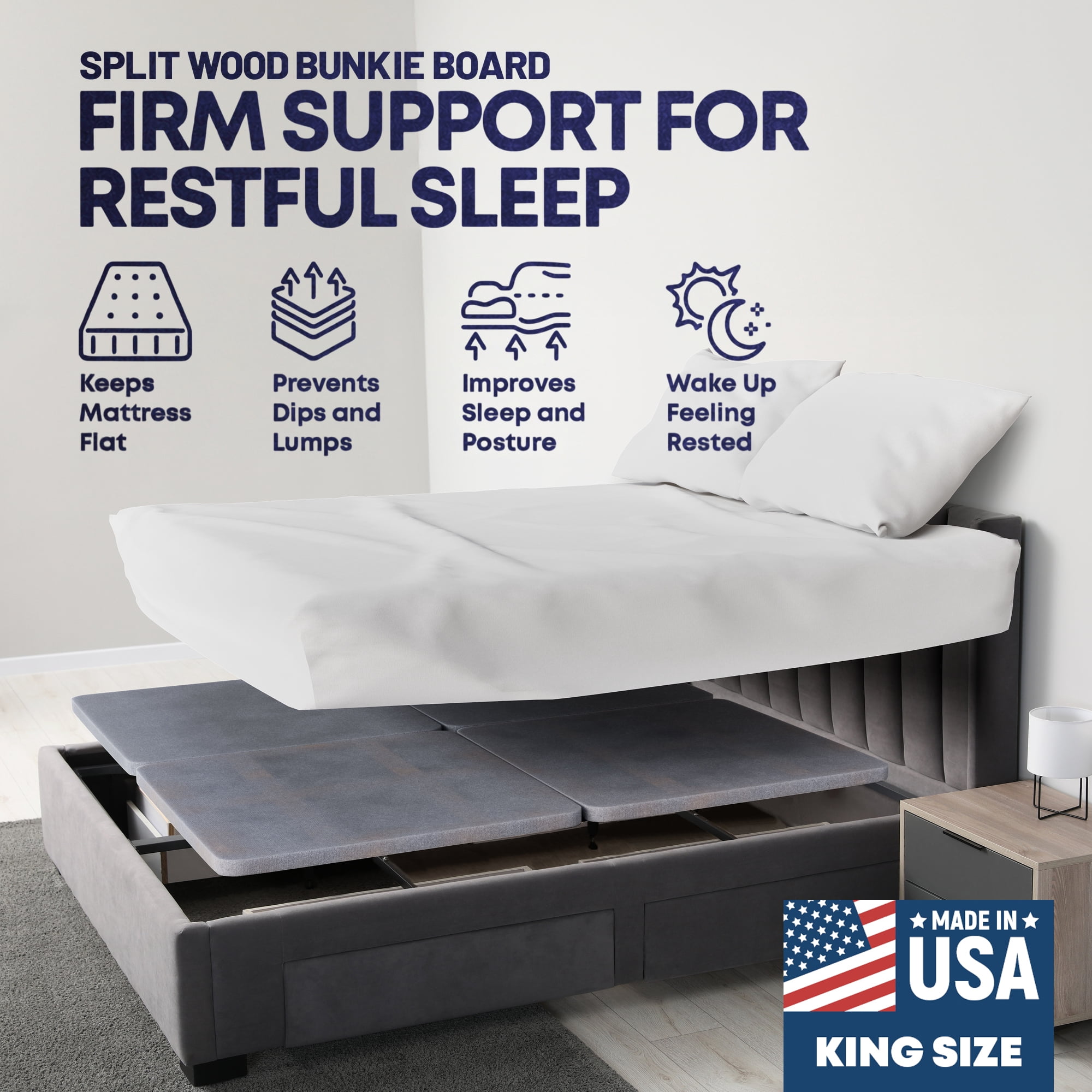 Continental Sleep, 1.5" Split Wood Bunkie Board King Size Bed, 4-Piece Under Mattress Support, Fully Assembled, Fabric Ventilation Cover-Replaces Wooden Slats or Box Spring for Bed Frames