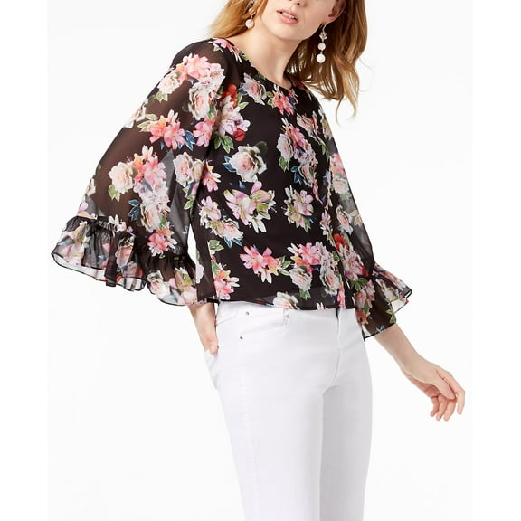 Ruffled Floral Print Top Lily Bouquet M