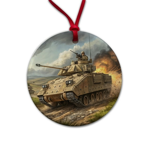 Bradley Fighting Vehicle US Army Armor Christmas Tree Holiday Round Ceramic Ornament