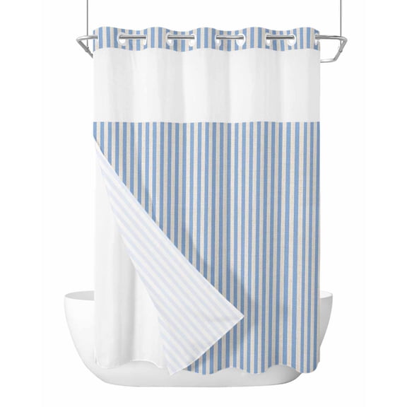 No Hook Cloth Fabric Shower Curtain with Snap in Liner, Blue Striped Waterproof Shower Curtains Set with See Through Top Window, Modern Simple Farmhouse Beige Vintage Bath Curtains Shower 60"x72"