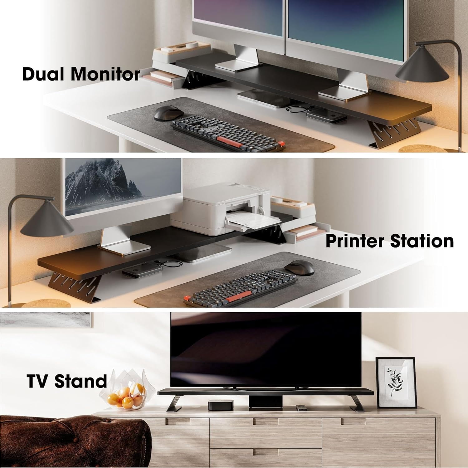 Wood and Steel Dual Monitor Stand Riser for Desktop, Laptop, PC, and Printer
