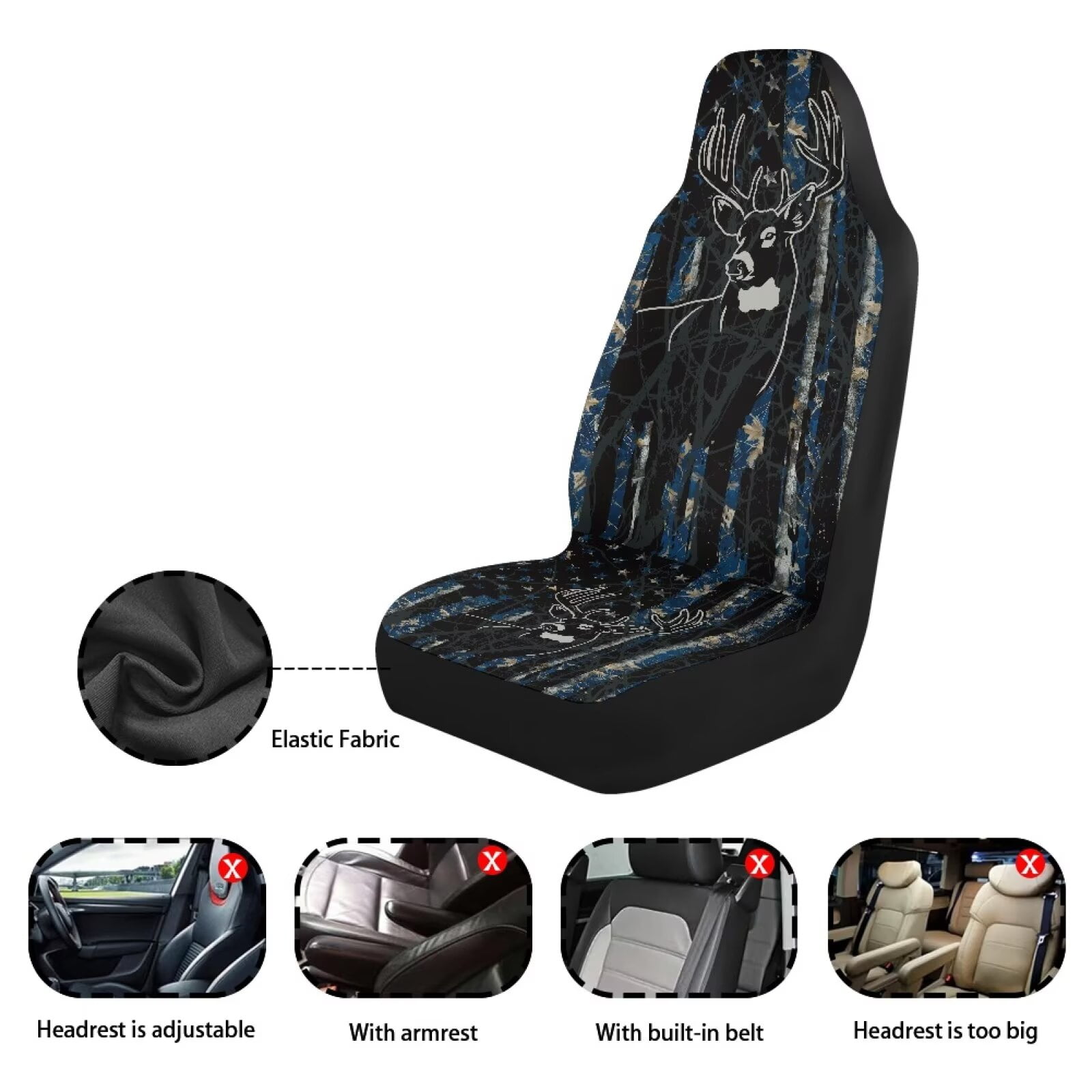 Binienty Camo Deer Front Auto Seat Covers American Flag Soft Cloth Bucket Seat Covers Breathable Anti-Slip Anti-Wear Elastic Easy to Install Universal Vehicle Accessories